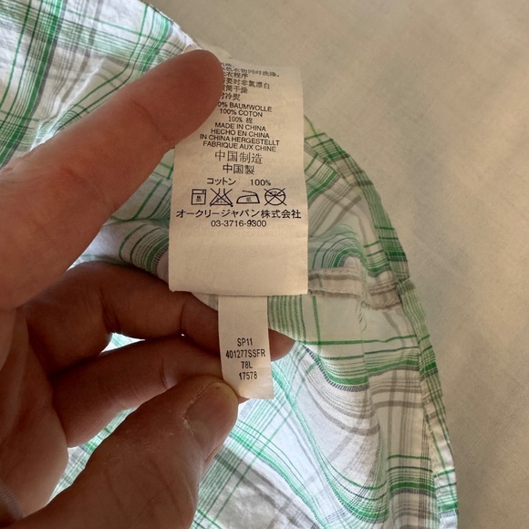 Oakley Men's XL Plaid Short Sleeve Cotton Shirt Button Up Green/White Beach Dad‎ - Picture 11 of 15